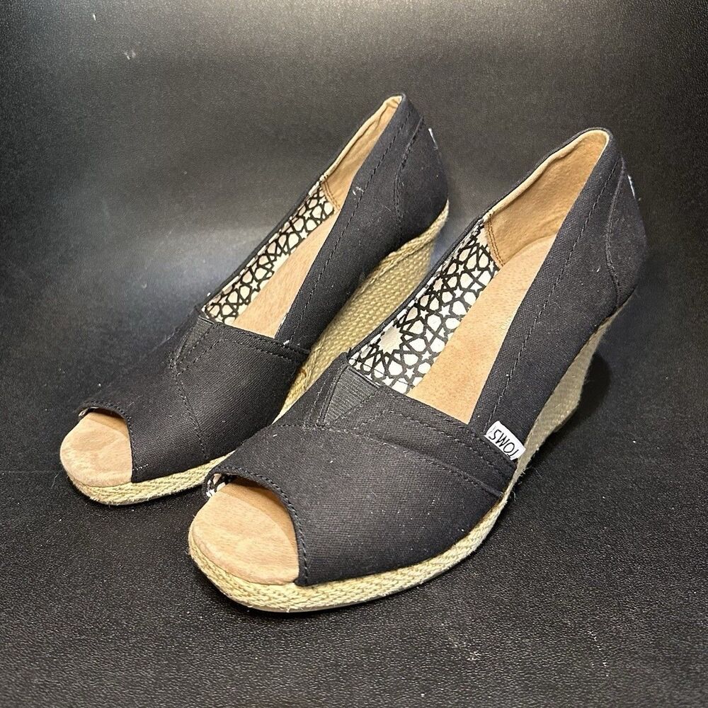 TOMS Women’s Black Open Toe Espadrille Wedge Slip-On Heels Size 9